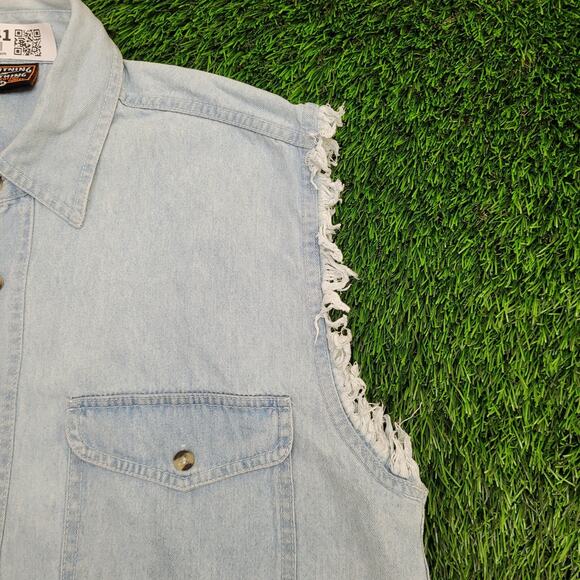 Vintage 2003 Americade Lake George NY Cutoff Denim Button Shirt Medium 22x30 - Picture 8 of 13